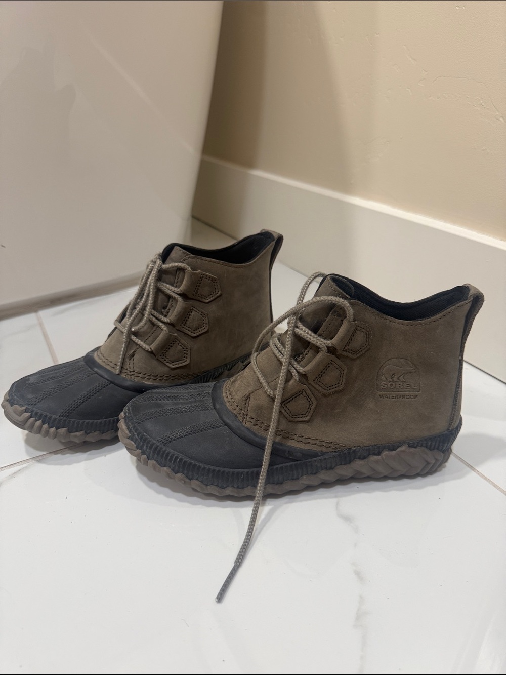 Sorel Olive and Black Lace-Up Waterproof Booties